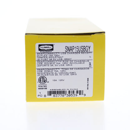 Hubbell SNAP15USBGY Gray Decorator SnapConnect 15A Receptacle TR Outlet 2.0 USB