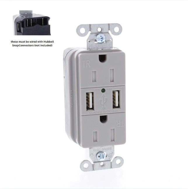 Hubbell SNAP15USBGY Gray Decorator SnapConnect 15A Receptacle TR Outlet 2.0 USB