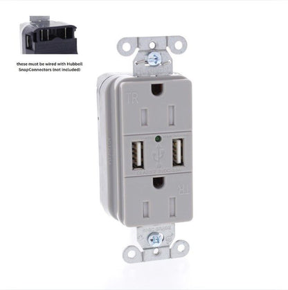 Hubbell SNAP15USBGY Gray Decorator SnapConnect 15A Receptacle TR Outlet 2.0 USB