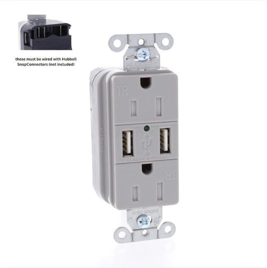 Hubbell SNAP15USBGY Gray Decorator SnapConnect 15A Receptacle TR Outlet 2.0 USB