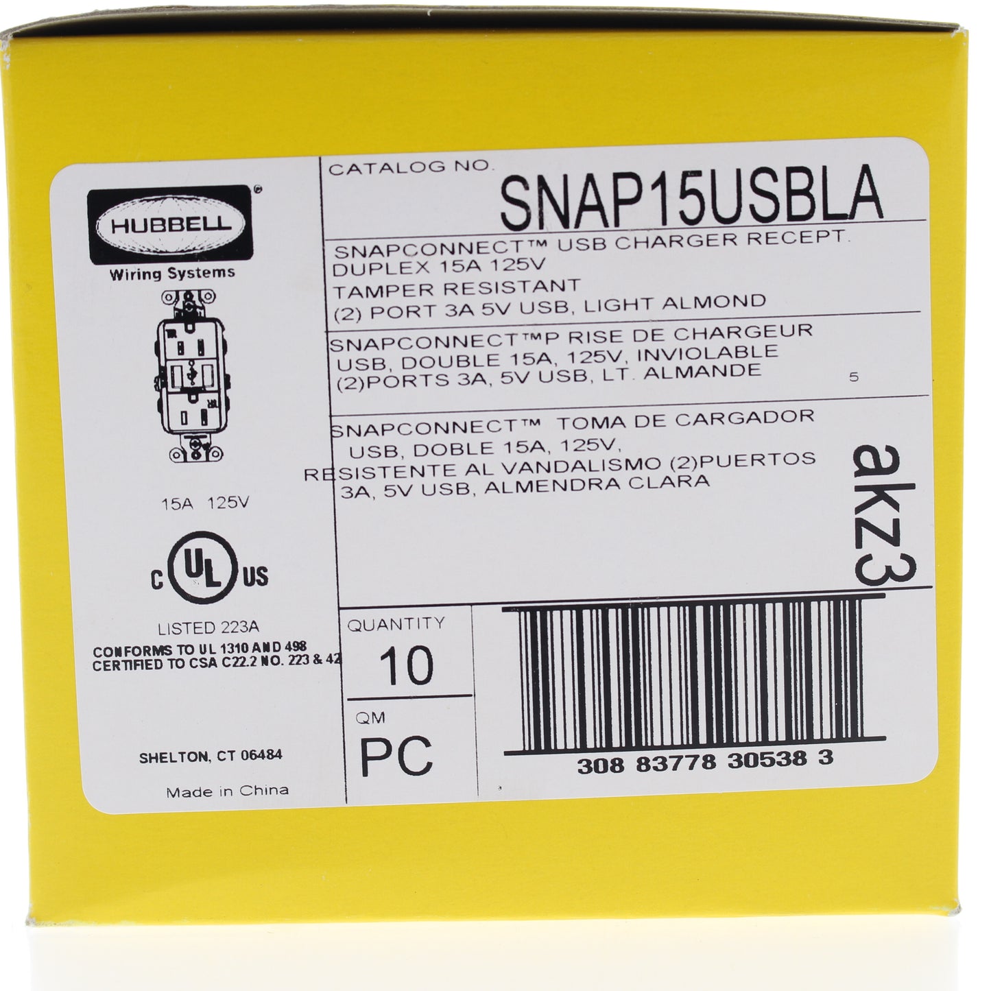 10 Hubbell SNAP15USBLA Lt Almond SnapConnect 15A TR Receptacle Outlets USB