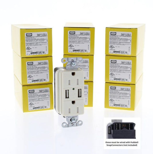 10 Hubbell SNAP15USBLA Lt Almond SnapConnect 15A TR Receptacle Outlets USB
