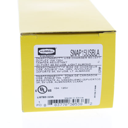 Hubbell SNAP15USBLA Lt Almond Decorator SnapConnect 15A Receptacle Outlet USB