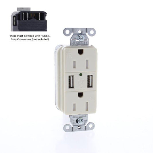 Hubbell SNAP15USBLA Lt Almond Decorator SnapConnect 15A Receptacle Outlet USB