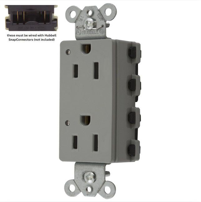 Hubbell SNAP2152GYL Gray SnapConnect 15A Duplex Outlet Receptacle LED Indicators