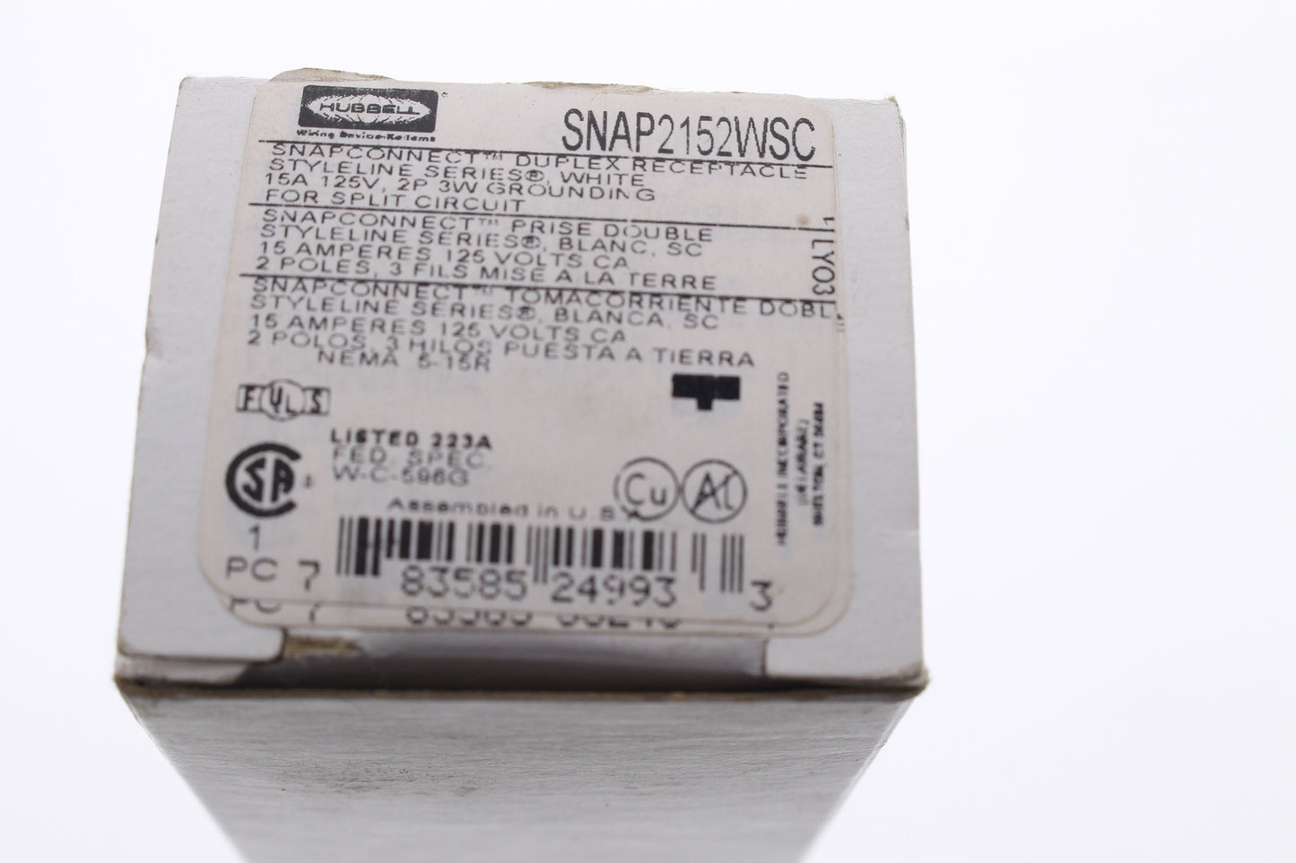 Hubbell SNAP2152WSC White SnapConnect Duplex Outlet Receptacle Split Circuit 15A