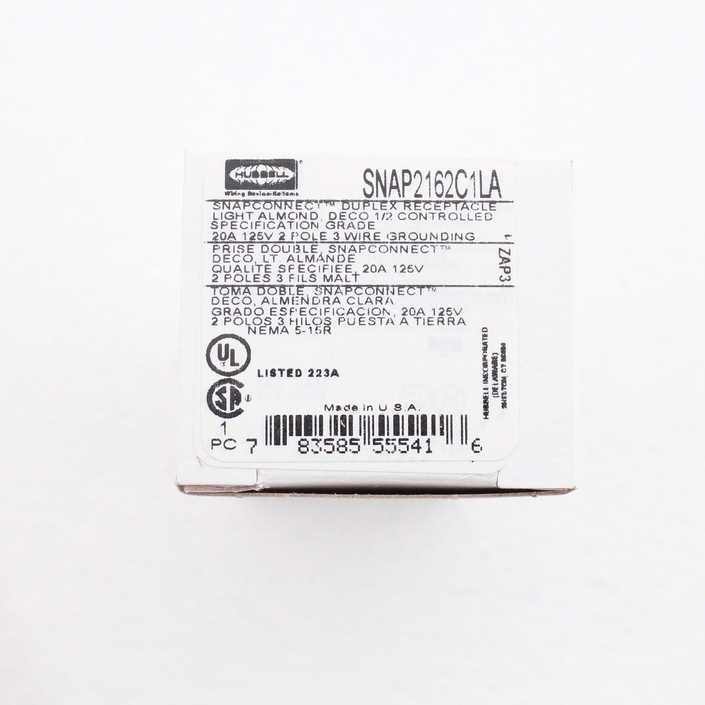 Hubbell Lt Almond SnapConnect Receptacle 1/2 Controlled 20A SNAP2162C1LA