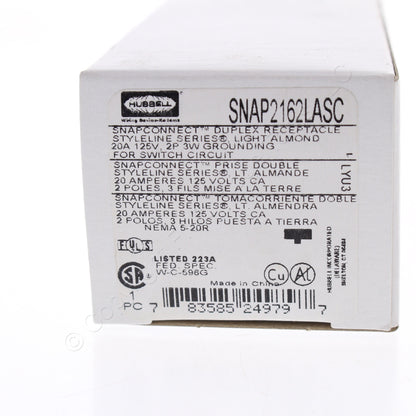 Hubbell SNAP2162LASC Lt Almond SnapConnect Outlet Receptacle Split Circuit 20A