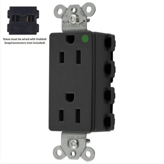 Hubbell SNAP2172BKA Black SnapConnect Hospital Grade Outlet Receptacle 15A