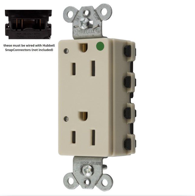 Hubbell SNAP2172IL Ivory SnapConnect Hospital Grade Outlet Receptacle w/LEDs 15A
