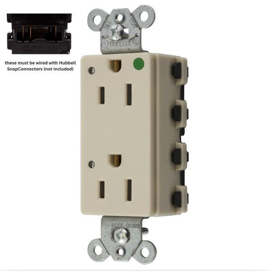 Hubbell SNAP2172IL Ivory SnapConnect Hospital Grade Outlet Receptacle w/LEDs 15A