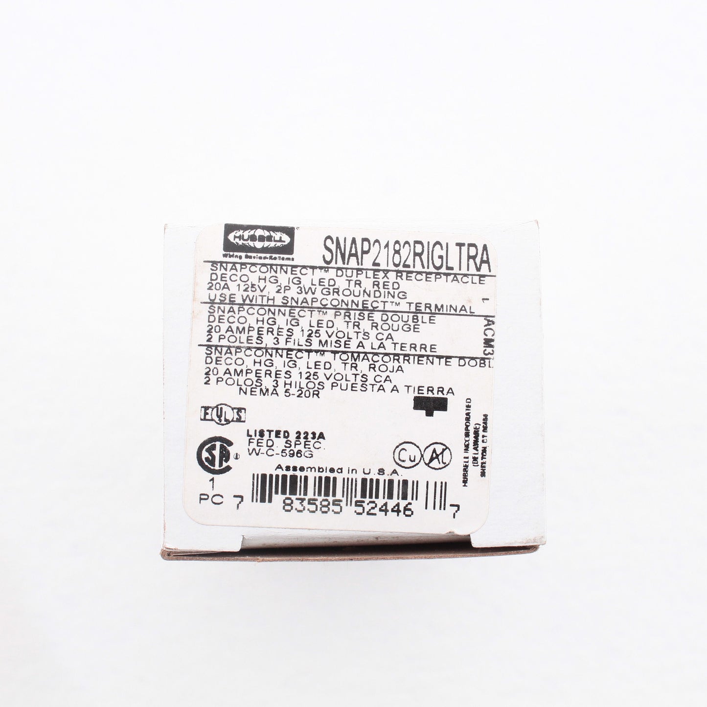 Hubbell SNAP2182RIGLTRA Red Isolated Gnd SnapConnect Hospital TR Receptacle 20A