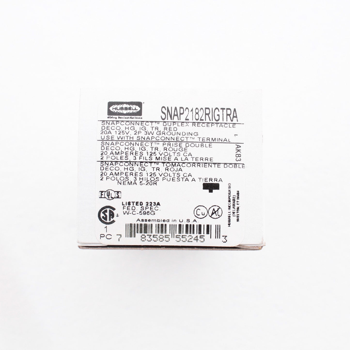 Hubbell SNAP2182RIGTRA Red Isolated Gnd SnapConnect Hospital TR Receptacle 20A