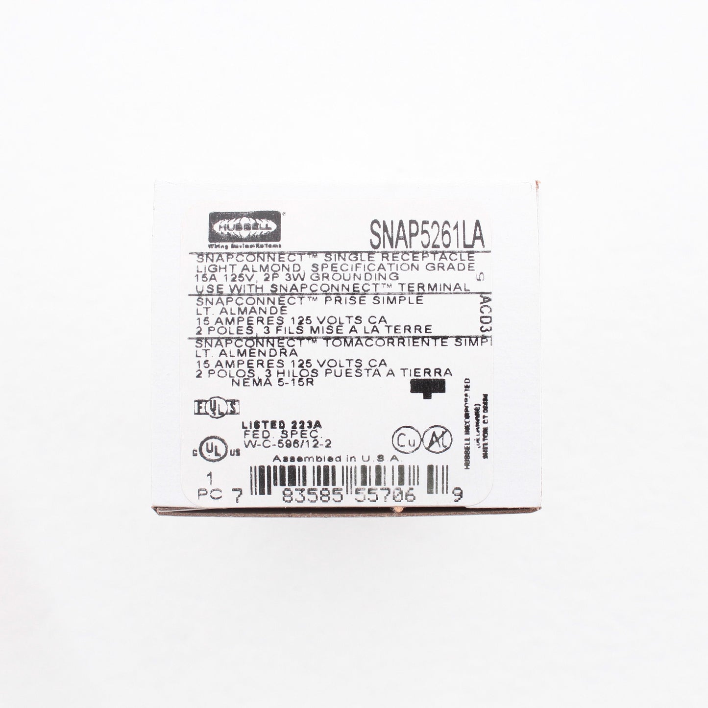 Hubbell SNAP5261LA Almond SnapConnect Single Outlet Receptacle Spec Grade 15A