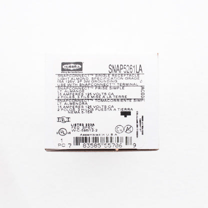 Hubbell SNAP5261LA Almond SnapConnect Single Outlet Receptacle Spec Grade 15A