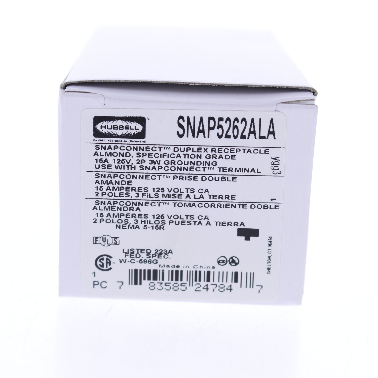 Hubbell SNAP5262ALA Almond SnapConnect Duplex Outlet Receptacle Spec Grade 15A