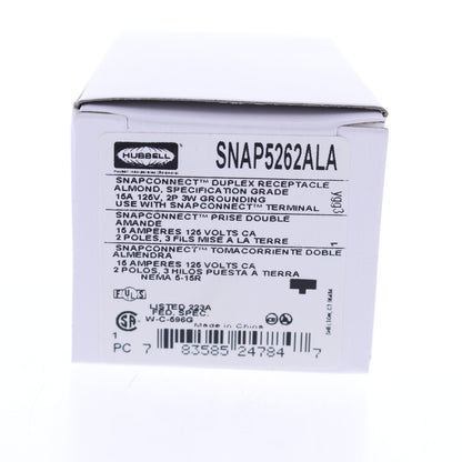 Hubbell SNAP5262ALA Almond SnapConnect Duplex Outlet Receptacle Spec Grade 15A