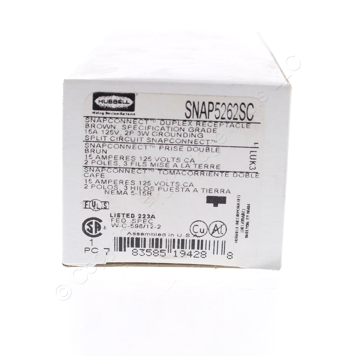 Hubbell SNAP5262SC Brown 15A SnapConnect Duplex Outlet Receptacle Split Circuit
