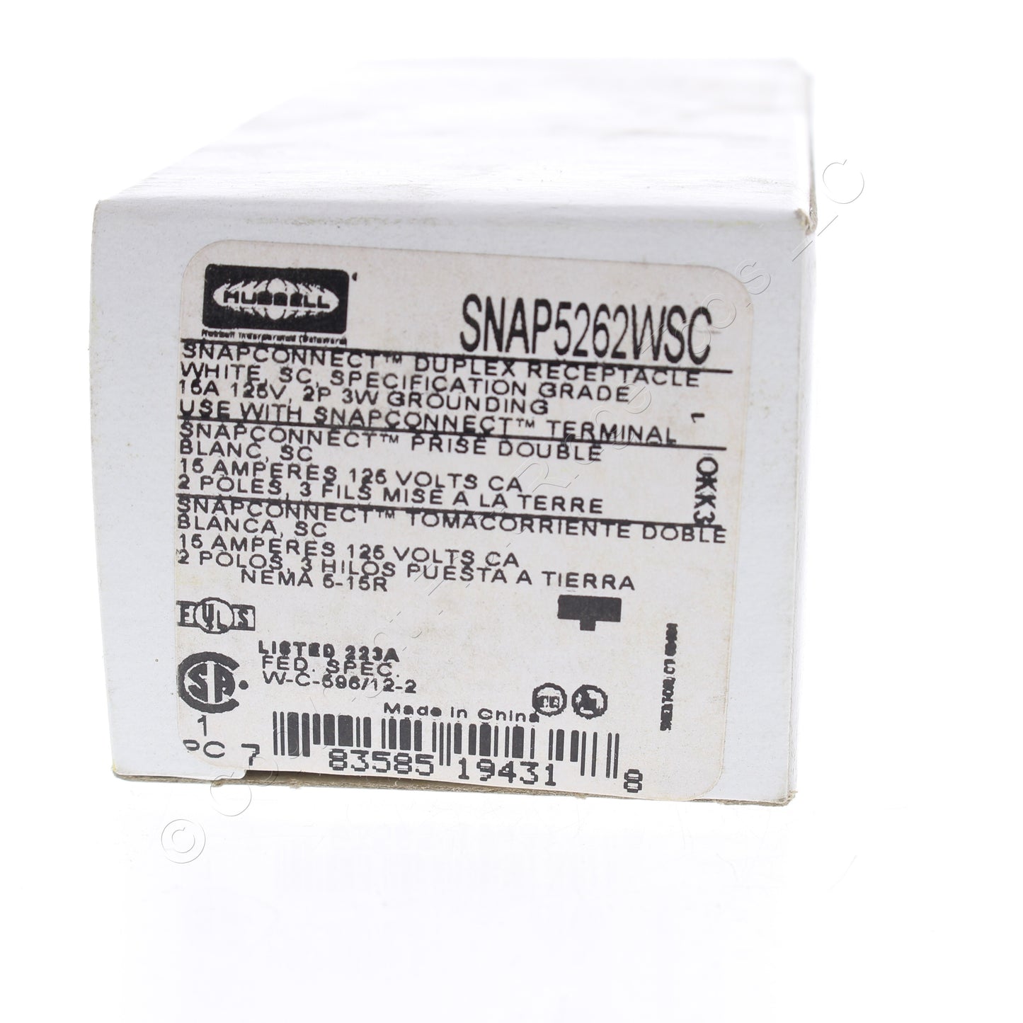 Hubbell SNAP5262WSC White SnapConnect Duplex Outlet Receptacle Split Circuit 15A
