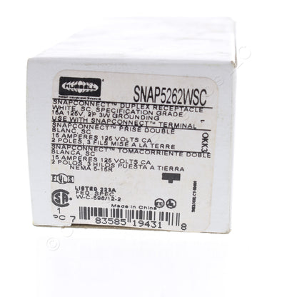 Hubbell SNAP5262WSC White SnapConnect Duplex Outlet Receptacle Split Circuit 15A