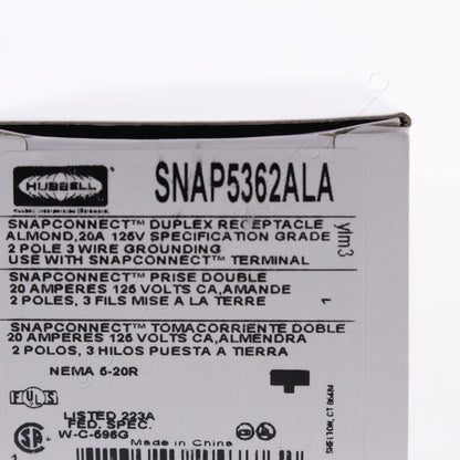 Hubbell SnapConnect Duplex Receptacle Almond 20A 125V Specification Grade