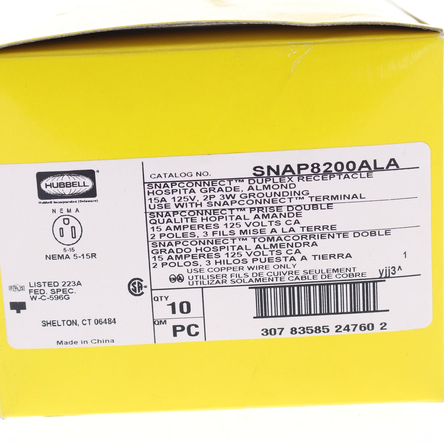 10 Hubbell Almond SnapConnect Hospital Grade Receptacles Outlet 15A SNAP8200ALA