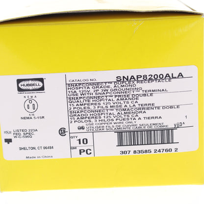 10 Hubbell Almond SnapConnect Hospital Grade Receptacles Outlet 15A SNAP8200ALA