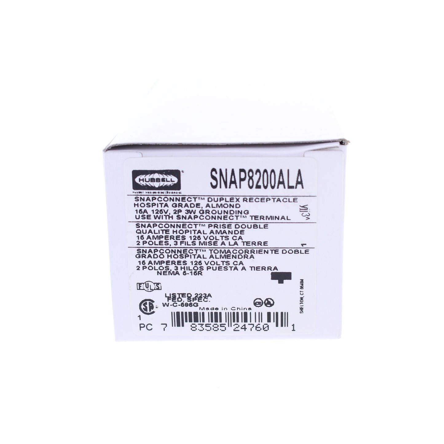 Hubbell Almond SnapConnect Hospital Grade Receptacle Outlet 15A SNAP8200ALA