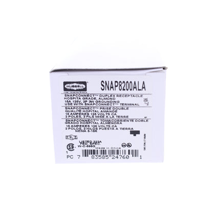 Hubbell Almond SnapConnect Hospital Grade Receptacle Outlet 15A SNAP8200ALA
