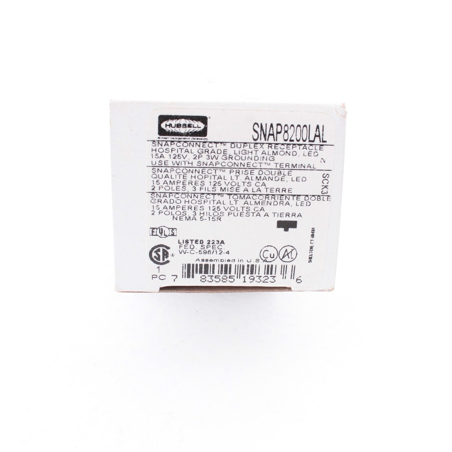 Hubbell SNAP8200LAL SnapConnect Light Almond 15A Hospital Receptacle Outlet