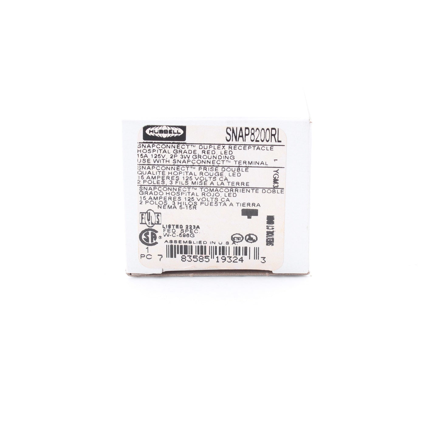 Hubbell Red SnapConnect Hospital Grade Receptacle Outlet LED 15A SNAP8200RL