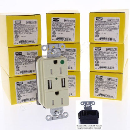 10 Hubbell Ivory Hospital Grade SnapConnect 15A TR Receptacles USB SNAP8200USBI