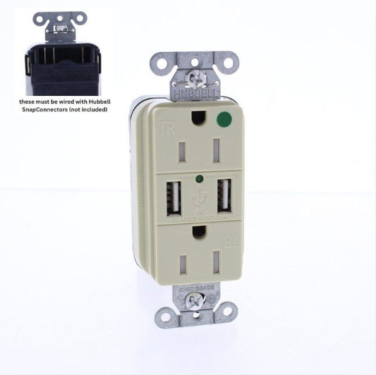Hubbell Ivory Hospital Grade SnapConnect 15A TR Receptacle 2.0 USB SNAP8200USBI