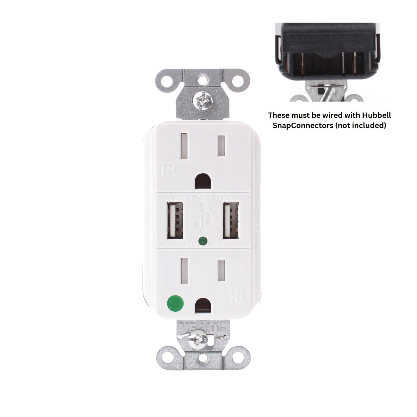 Hubbell White Hospital Grade SnapConnect 15A TR Receptacle 2.0 USB SNAP8200USBW