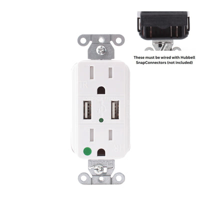 Hubbell White Hospital Grade SnapConnect 15A TR Receptacle 2.0 USB SNAP8200USBW
