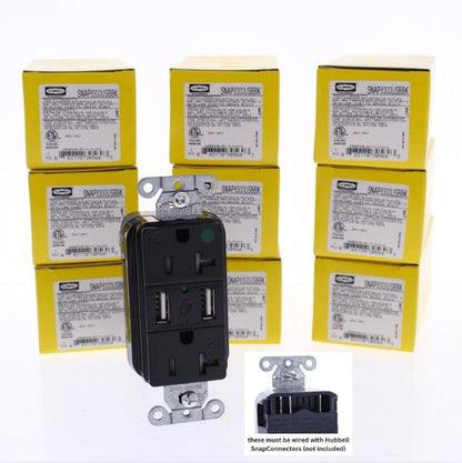 10 Hubbell Black Hospital Grade SnapConnect 20A TR Receptacles USB SNAP8300USBBK