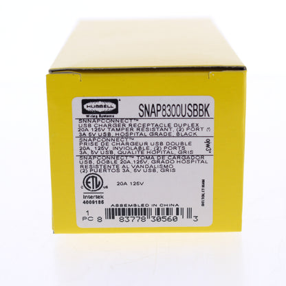 Hubbell Black Hospital Grade SnapConnect 20A TR Receptacle 2.0 USB SNAP8300USBBK