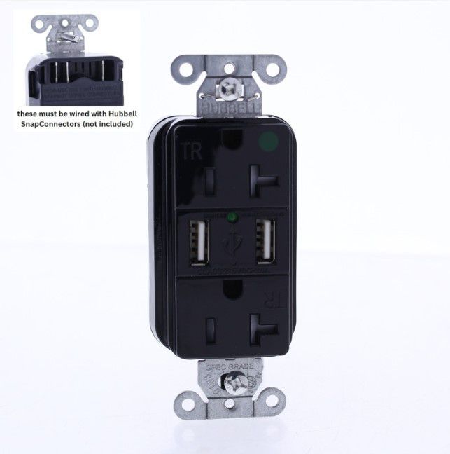 Hubbell Black Hospital Grade SnapConnect 20A TR Receptacle 2.0 USB SNAP8300USBBK