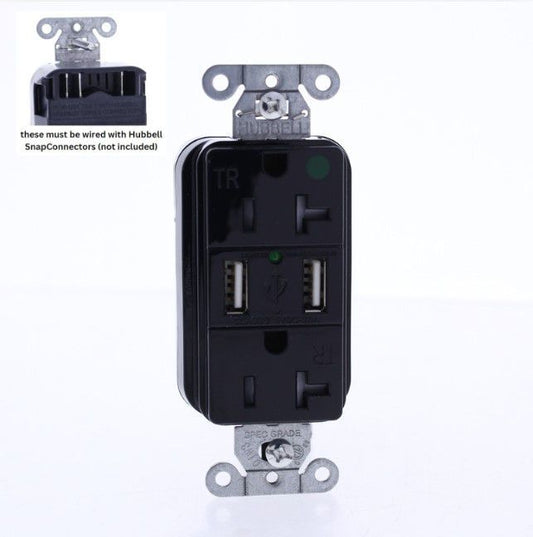 Hubbell Black Hospital Grade SnapConnect 20A TR Receptacle 2.0 USB SNAP8300USBBK