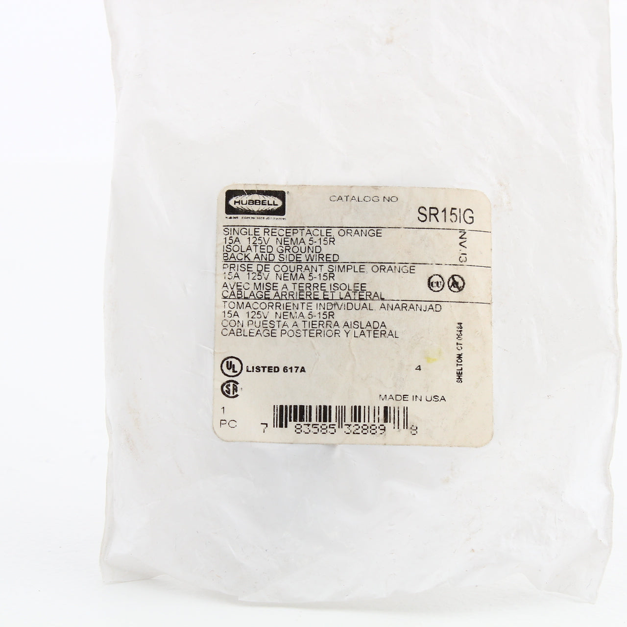 Hubbell SR15IG Orange Single Receptacle Isolated Ground Outlet 5-15R 15A 125V