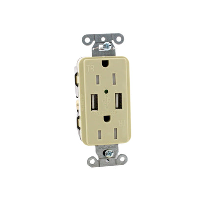 Hubbell Ivory Tamper Resistant 15A Receptacle w/ USB-A 3A Charger USB15X2IM50USB