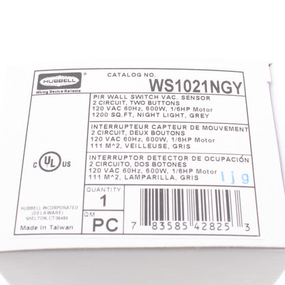 Hubbell WS1021NGY Gray Vacancy Sensor Switch w/Nightlight No Neutral 2-Circuit