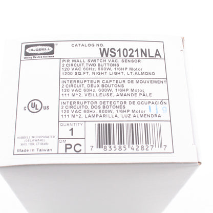 Hubbell WS1021NLA Lt Almond Vacancy Sensor Switch w/Nightlight No Neutral 2-Cir