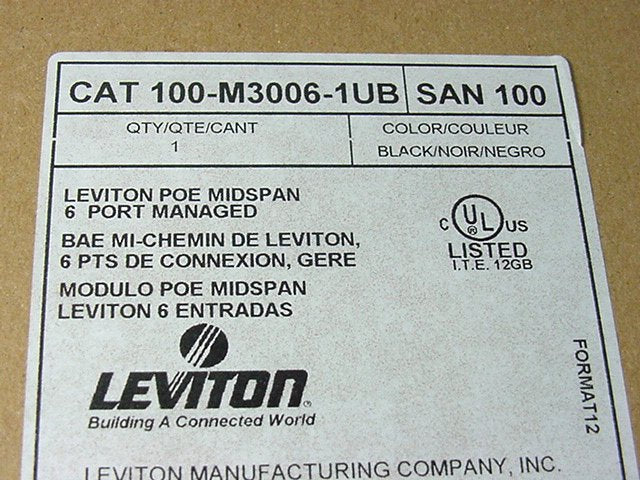 Leviton 100-M3006-1UB Black Power Over Ethernet Midspan 6 Port Managed Panel PoE