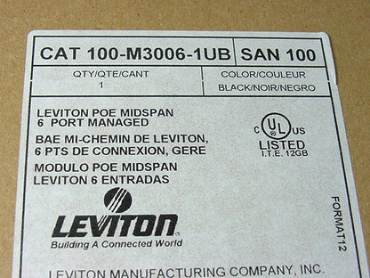 Leviton 100-M3006-1UB Black Power Over Ethernet Midspan 6 Port Managed Panel PoE