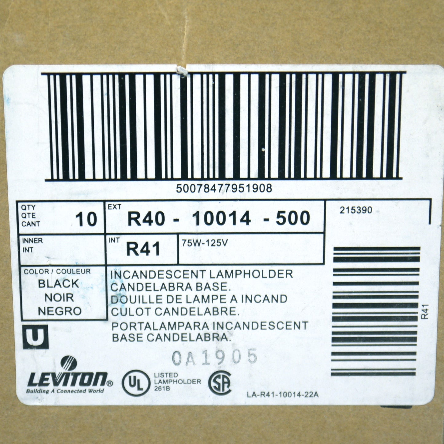 10 Leviton Candelabra Base Lamp Holders Light Socket Keyless 75W 125W 10014-500