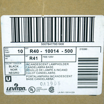10 Leviton Candelabra Base Lamp Holders Light Socket Keyless 75W 125W 10014-500