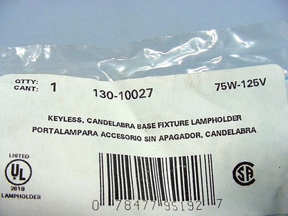 Leviton 10027 Candelabra Base Lampholder Light Socket Hickey Mount 75W 125V