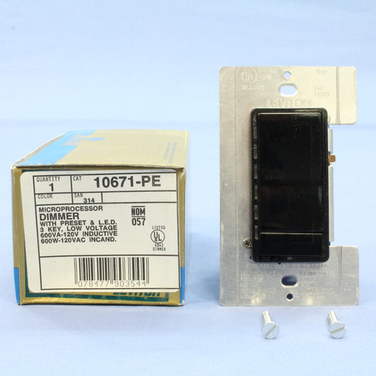 Leviton 10671-PE Black Dimmer Switch MicroDim Preset 3-Key 600W Incandescent