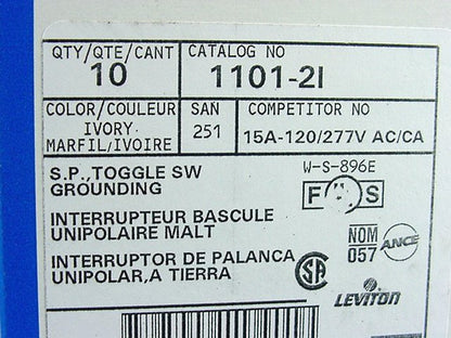 Leviton 1101-2I Ivory Industrial Toggle Wall Light Switch 15A Single Pole 10pcs